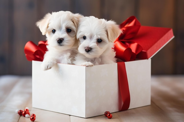 two small white dogs sitting in a white box