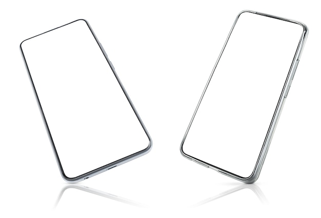 Two smart phones at an angle with copy space on a white isolated background