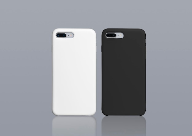 Due smartphone in una custodia per telefono con cover in bianco e nero mock up