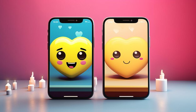 Photo two smartphones side by side screens displaying messages of love and emojis of hugging