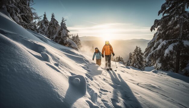 AI によって生成された雪山の風景の中で冬のハイキングを楽しむ 2 人の笑顔の大人