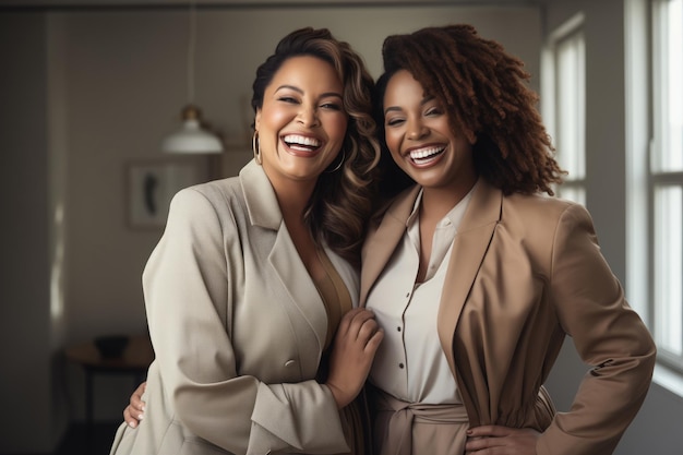 두 명의 웃는 아프리카계 미국인 비즈니스 파트너 여성이 사무실에서 비즈니스 회의에서 슈트를 입고 있습니다.