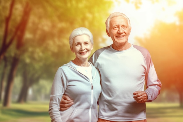 秋の公園で灰色のスポーツウェアを着た 2 人の笑顔の高齢者の女性と男性