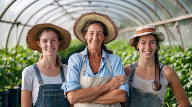 Photo two smiling females wearing straw hats and overalls are standing in a greenhouse full of leafy green plants