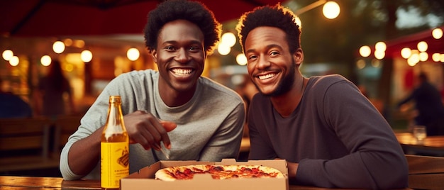 Photo two smiling male african friends in t shirts standing isolated over yellow background