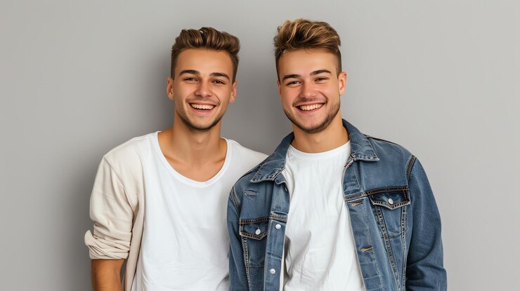 Photo two smiling twin brothers wearing white tshirts and denim jackets pose together