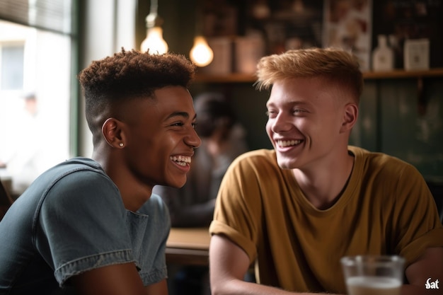 Two smiling young men chatting in their local cafe created with generative ai
