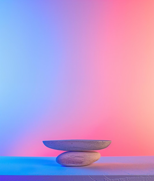 Two smooth stones perfectly balanced upon one another presented against a soothing pink and blue