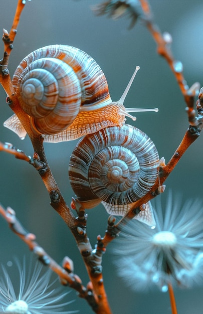 Two snails are sitting on branch