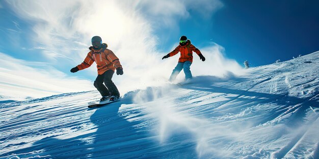 Photo two snowboarders are skiing down a snowy mountain