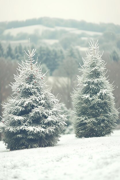 Фото Два покрытых снегом сосна на снежном поле с холмом на заднем плане