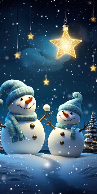 two snowmen are standing in front of a star that has a star on it