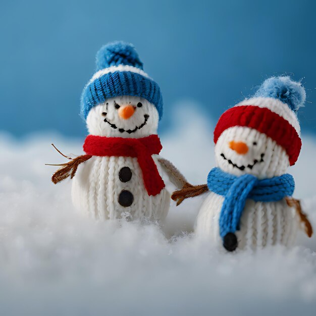 Foto due uomini di neve sono in piedi nella neve uno dei quali ha un cappello blu