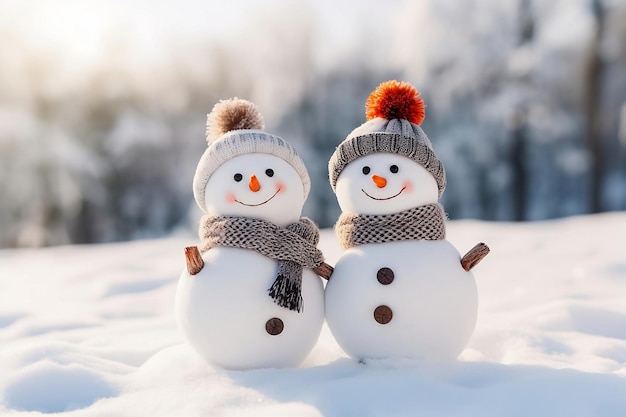 Photo two snowmen are wearing hats and one has a scarf around their neck