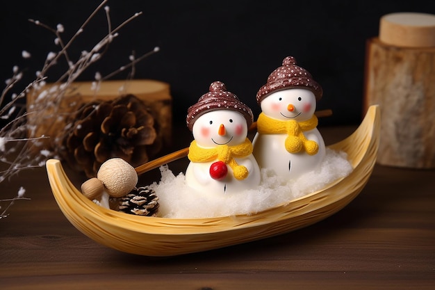 Two snowmen in a boat on a wooden background Christmas decoration