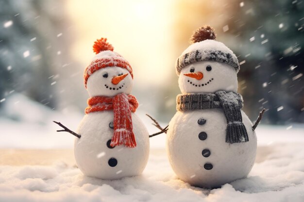 Two snowmen in a hat and scarf standing against the backdrop of winter snow AI generated