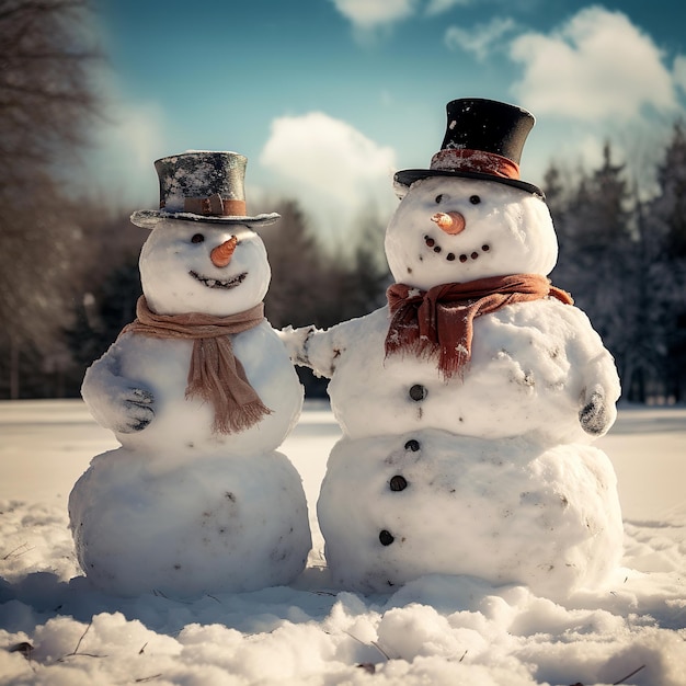 Two snowmen Snowmen against the backdrop of a winter forest Winter landscape on a sunny day