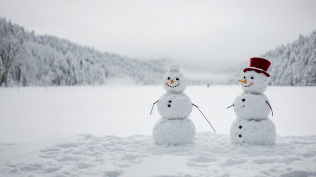 2人のスノーマンが一緒に雪の中に立っていますこれはジェネレーティブAIによって作成されました