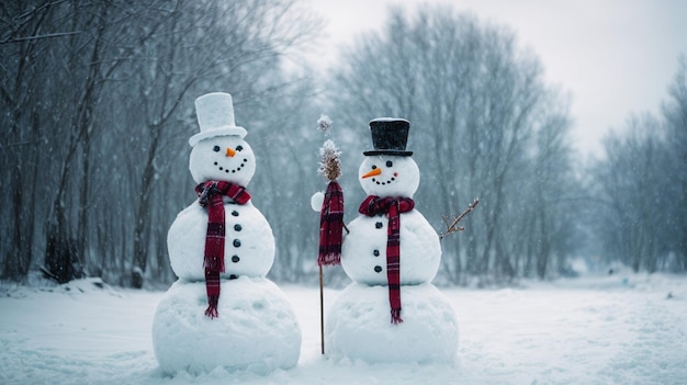 2人のスノーマンが一緒に雪の中に立っていますこれはジェネレーティブAIによって作成されました