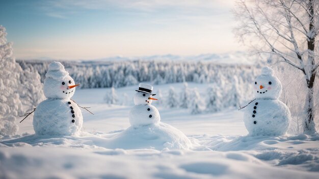 2人のスノーマンが一緒に雪の中に立っていますこれはジェネレーティブAIによって作成されました