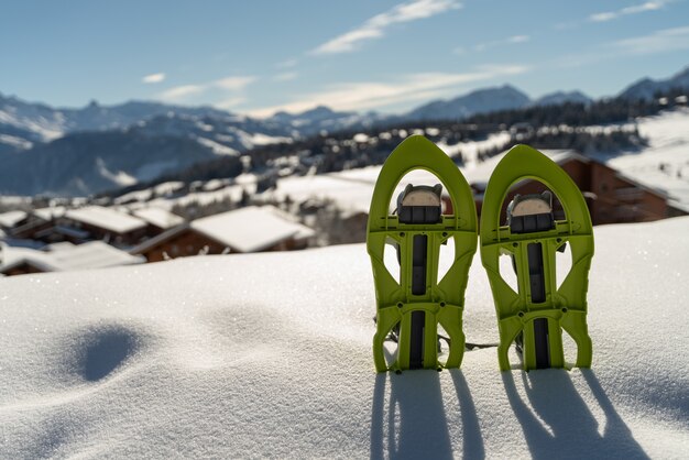 Photo two snowshoes buried in the snow with the snowy mountains