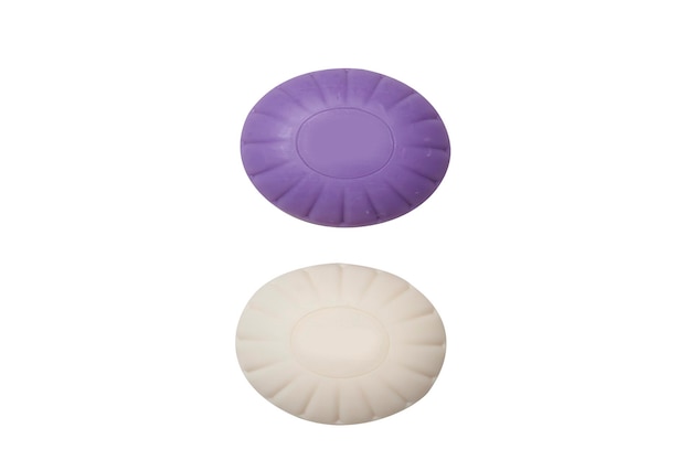 Two soaps in white and purple on a white background