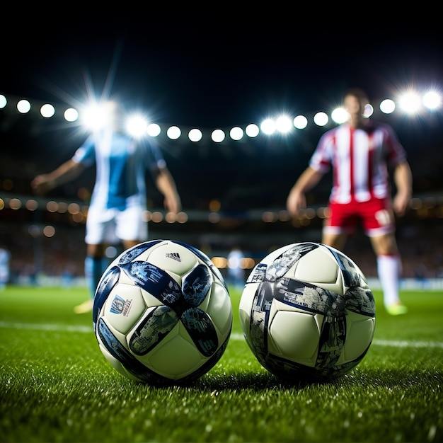 배경 에 흐릿 한 축구 선수 들 이 있는 경기장 에 있는 두 개의 축구 공