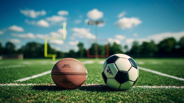 Two soccer balls on a field with a sky background