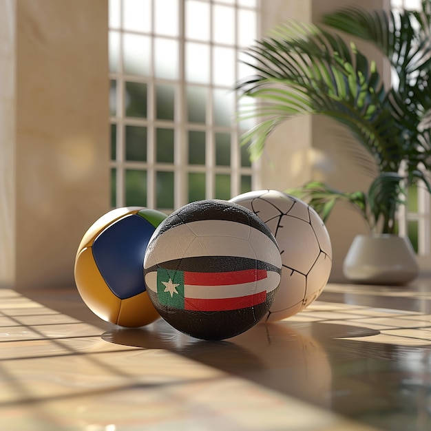 two soccer balls with the flag on them are on the floor