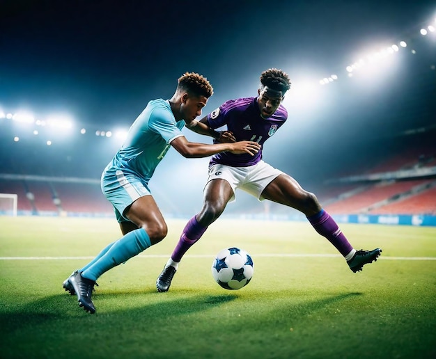 Фото two soccer players are fighting for the ball