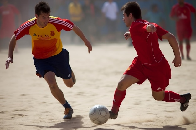 2 人のサッカー選手がサッカーをしていて、そのうちの 1 人の背番号は 7 です。