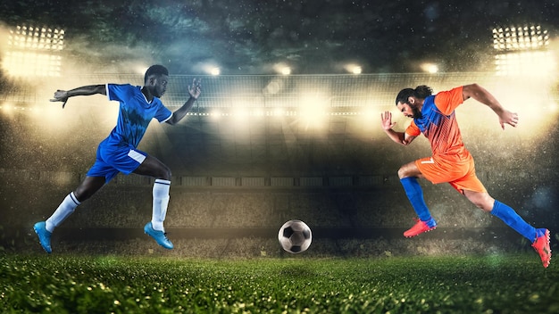 Premium Photo  Two soccer players challenge each other chasing