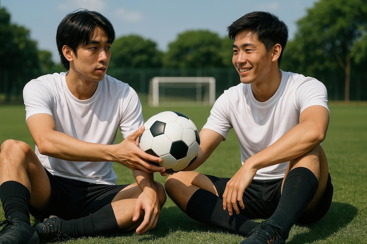 Photo フィールドに座っている2人のサッカー選手