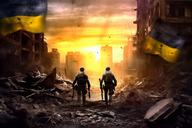 Two soldiers against Ukrainian flag in ruined city War in Ukraine concept Generative AI