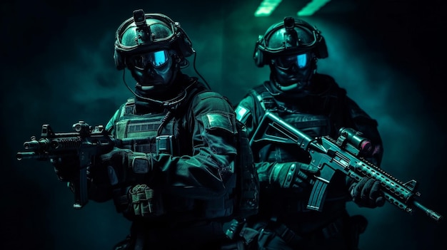 Two soldiers in a dark room with the word police on the front.