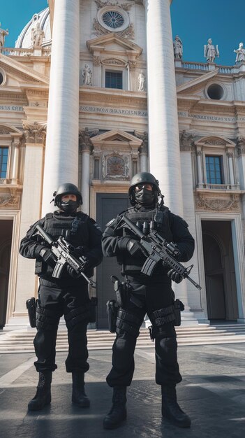 Photo two soldiers in front of a building with a sign that says  army