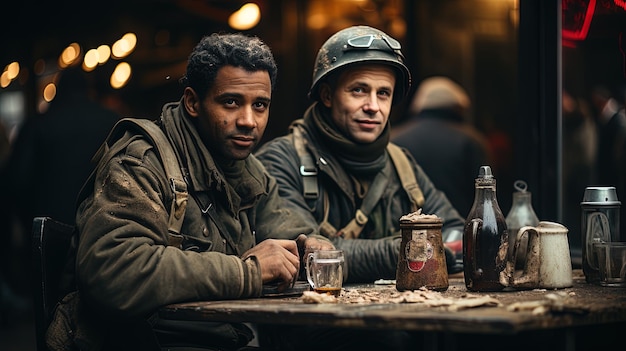 Two soldiers sitting in a bar having a coffee Generative AI