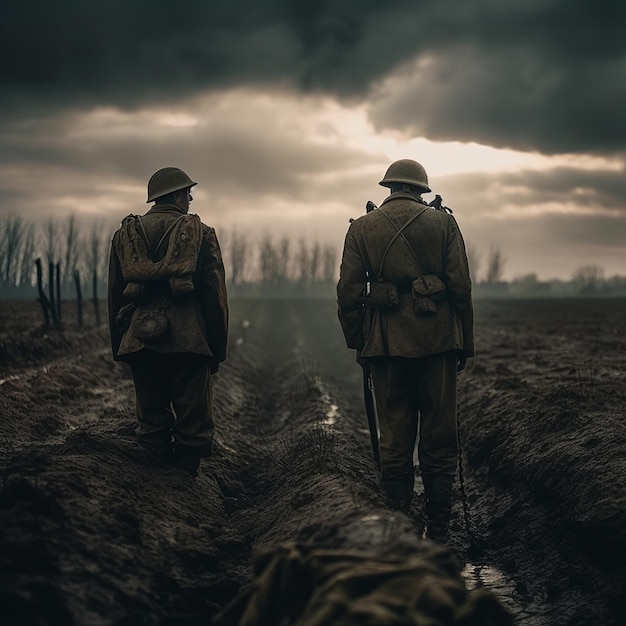 Photo two soldiers walking in a field with a cloudy sky in the background.