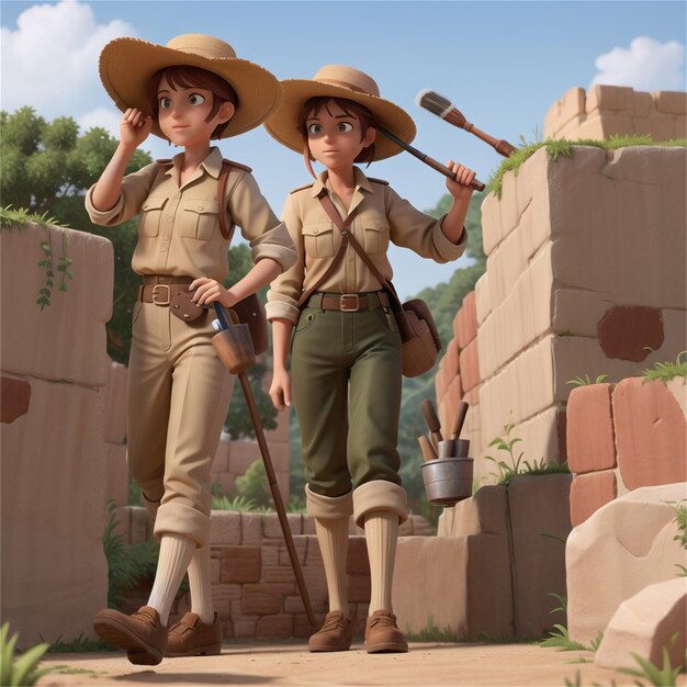 two soldiers with a gun and hat are standing in front of a wall with a planter in the background.