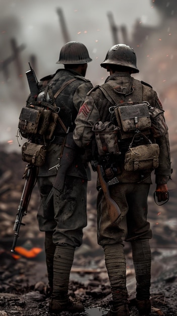 two soldiers with guns and weapons stand in a dark room