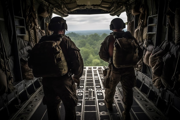2人の兵士がパラシュートを背中に乗せて飛行機から飛び降りる