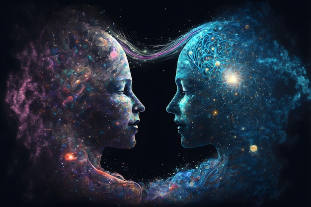 Two souls talking in the astral realm of the multiverse Stars of the galaxy and planets inside the