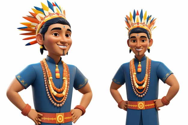 Two Southeast Asian men wearing blue shirts and traditional headdresses