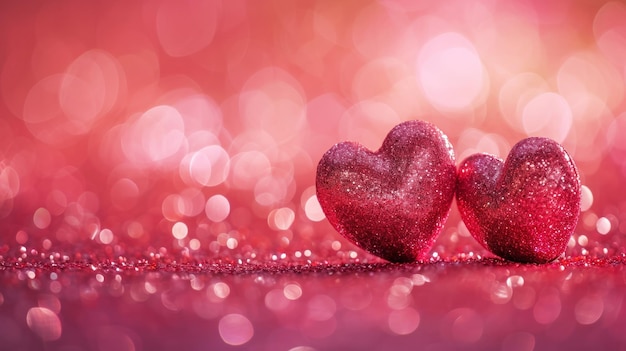 Two sparkling glitter hearts on blurred pink background Valentines day Copy space Generative AI