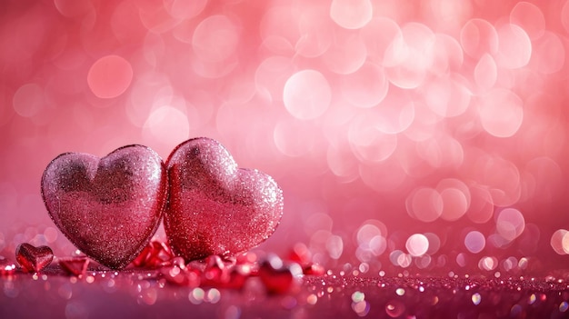 Two sparkling glitter hearts on blurred pink background Valentines day Copy space t Generative AI