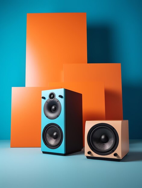 Two speakers are next to each other with a blue background.