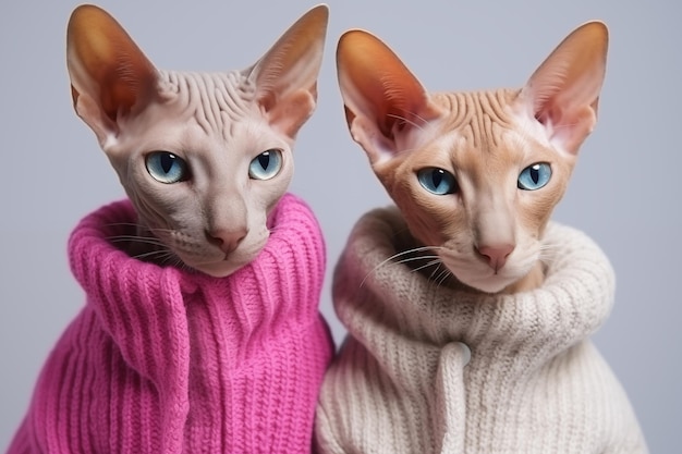 Two Sphynx cats in knitted woolen clothes sit next to each other on a white background copy space