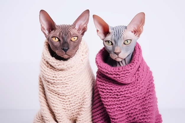 Two Sphynx cats in knitted woolen clothes sit next to each other on a white background copy space