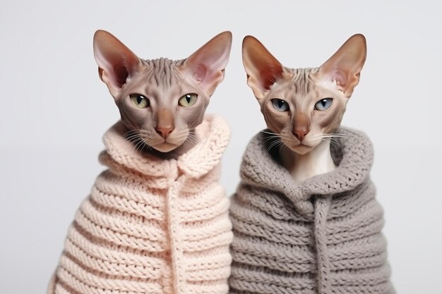 Two sphynx cats in knitted woolen clothes sit next to each other on a white background copy space