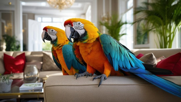 Two splendidly feathered macaws reside in an opulent residence